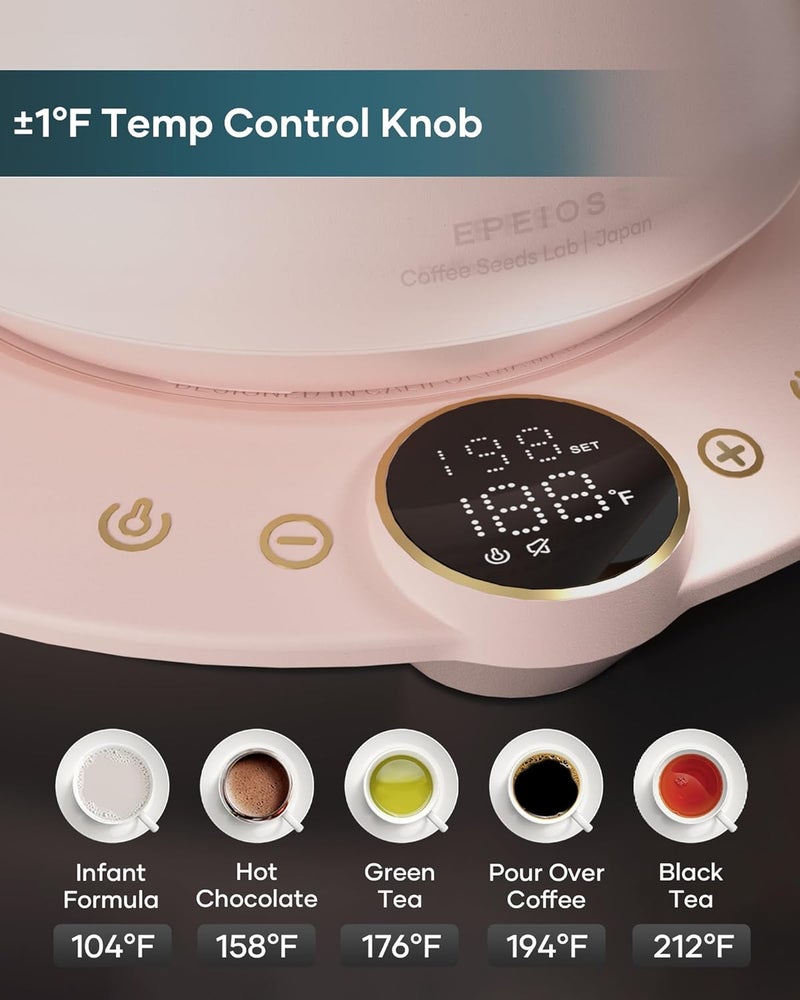 intasting Gooseneck Electric Kettle with ±1℉ Temperature Control for Pour Over Coffee & Tea, Quick Heating, BPA-Free Stainless Steel, Built-in Brew Timer, 1500W/0.9L (Munch Pink) - Image 2